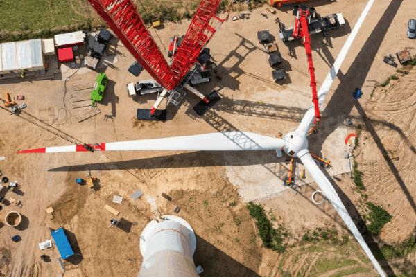 Wind turbine construction site showing the turbine blades on the ground