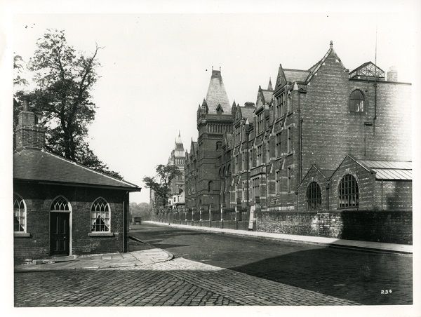 Old physics sheds at the bottom left