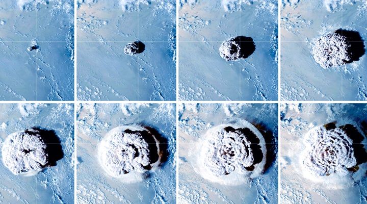 Timelapse eight aerial photos showing a spreading grey volcanic plume