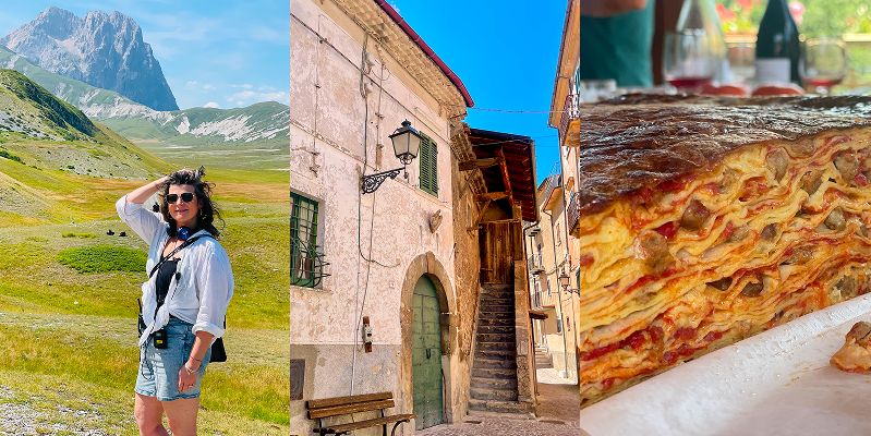 A collage of photos showing Sheena in front of a mountain landscape, a quaint Italian square, and a slice of a lasagna