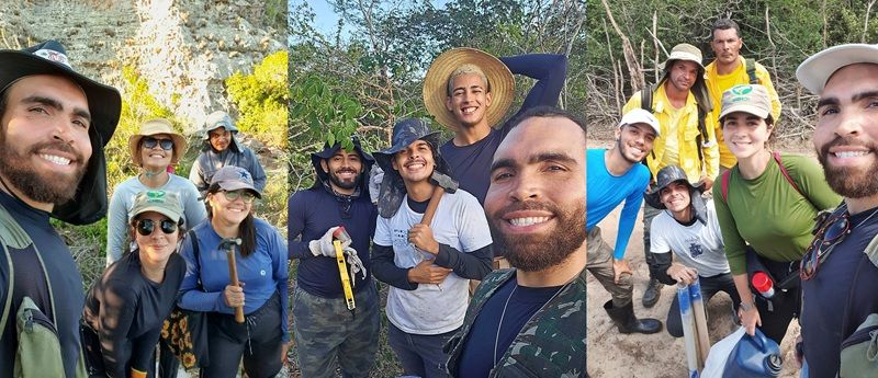 Three group photos 
featuring a group of researchers out in the field