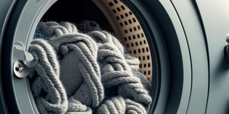 A wool cardigan in a washing machine.