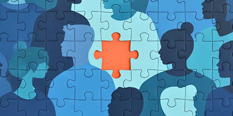 A jigsaw puzzle in shades of blue, with a missing piece in the centre highlighted in orange.