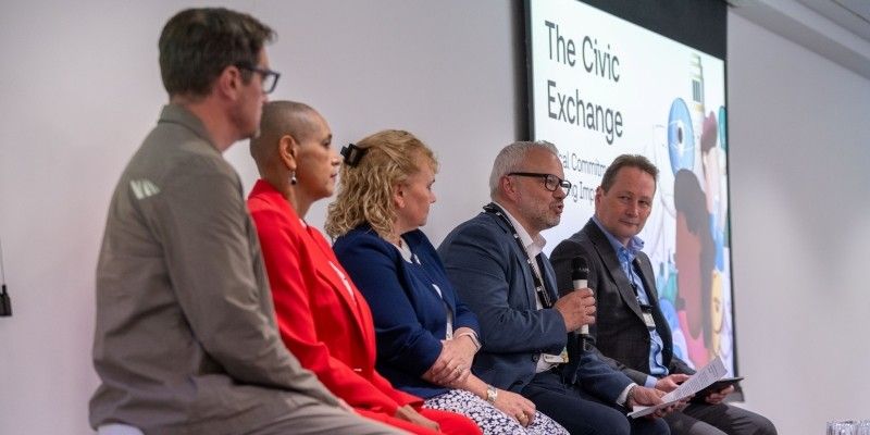 L-R: Nick Barley, Alison Lowe, Mariana Paxton, Dr Peter O'Brien and Professor Nick Plant sat facing the audience.