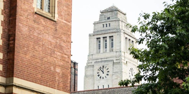 The Parkinson Tower with the Great Hall and tree in the foreground.