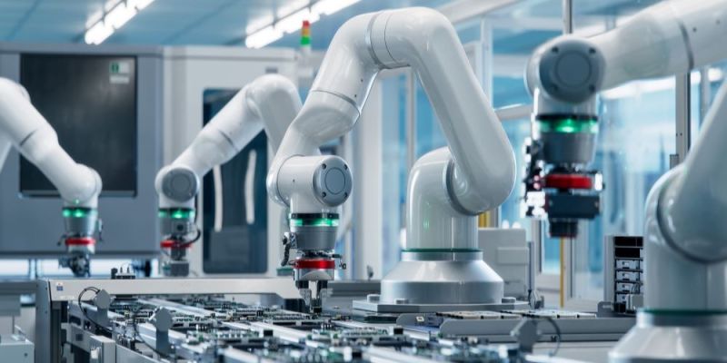 A row of robot arms in a factory, assembling electronic equipment.