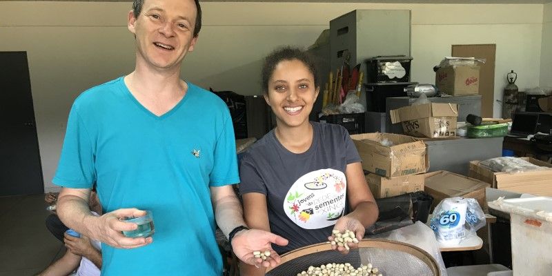 Professor Oliver Phillips and Milene Alves de Oliveira Lima, a Xingo Seed Network collector smile as they hold seeds they are sorting.