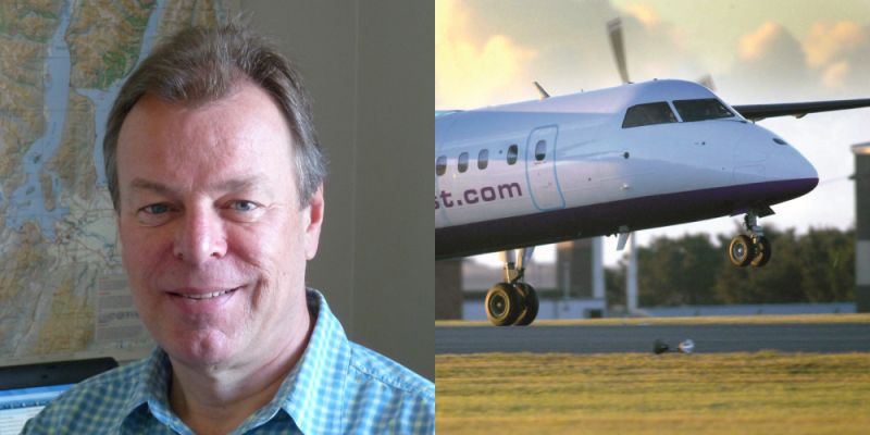 An image made up of two pictures - a profile image of Paul Le Bond and an aeroplane