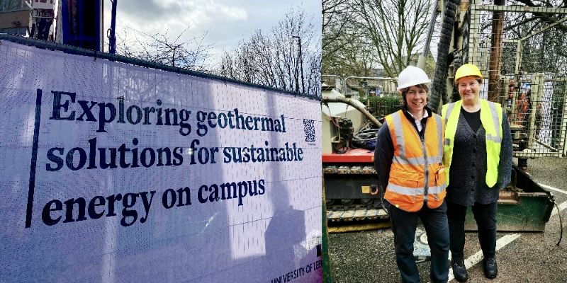Work on campus to test geothermal resources for heating. A sign says 'Exploring geothermal solutions for sustainable energy on campus'. Professor Fleur Loveridge and Dr Emma Bramham stand in front of some machinery for boring holes.