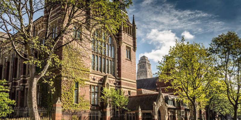 The red brick Great Hall building at the University of Leeds