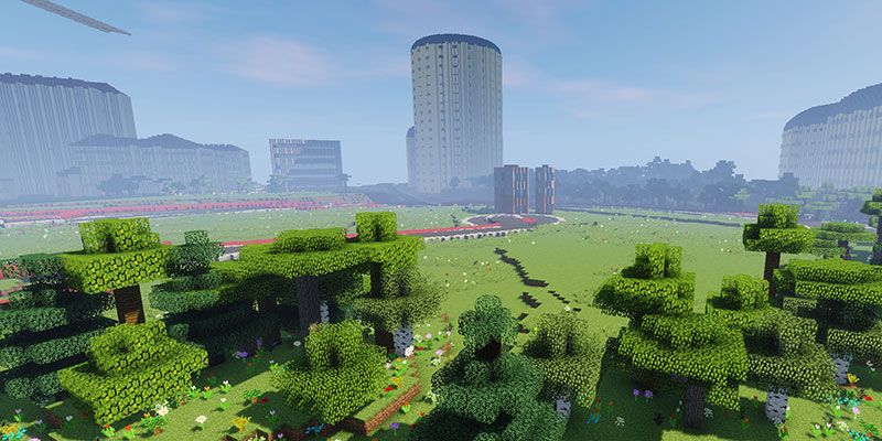 A computer generated cityscape featuring large park with trees and tall buildings