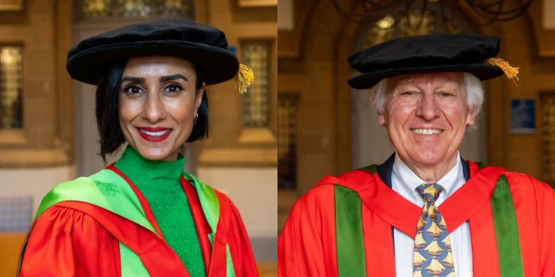 Anita Rani (left) and Ondrej Krivanek (right) wearing their red and green graduation gowns