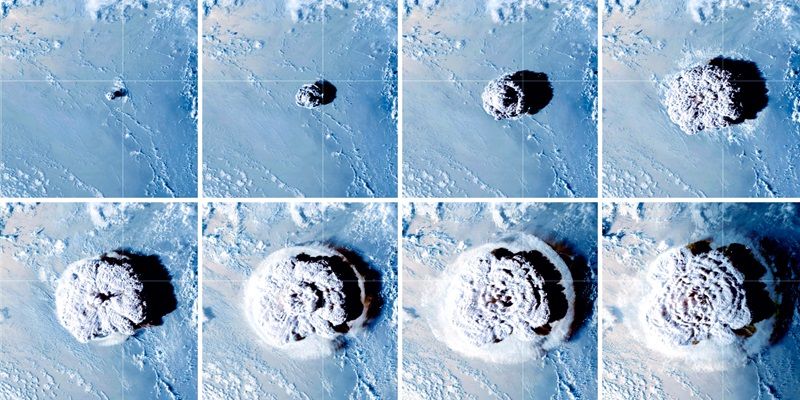Time lapse aerial images of eruption and spreading grey plume