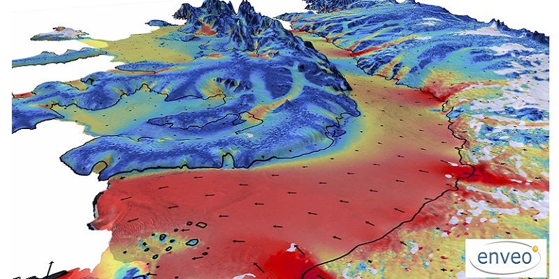 Ice speed measured by the ESA-EU Sentinel-1 satellite mission. 
Credit: J. Wuite, ENVEO.
