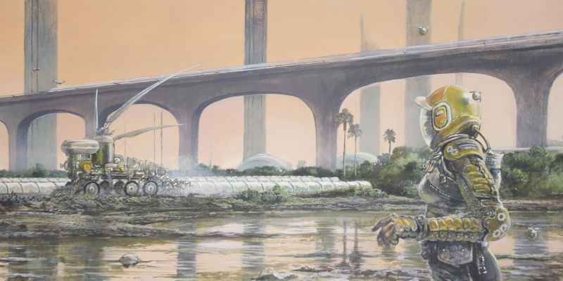 An illustration showing a person in a protective suit, looking at a vehicle in a flooded area, and bridge in the background.