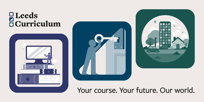 Three graphics showing a person stood on a giant pile of books, a person unlocking a door with a giant key and a street scene. Text says: Leeds Curriculum - your course, your future, our world.