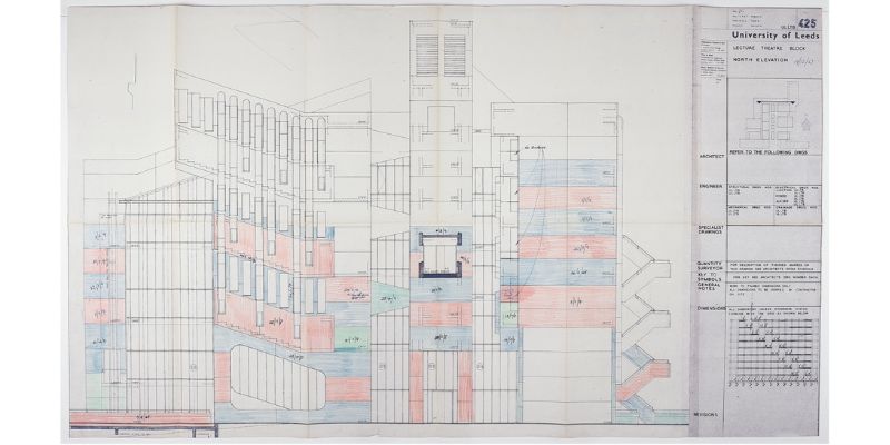 Hand drawn map of the Roger Stevens building in pencil with red, blue, and green shading