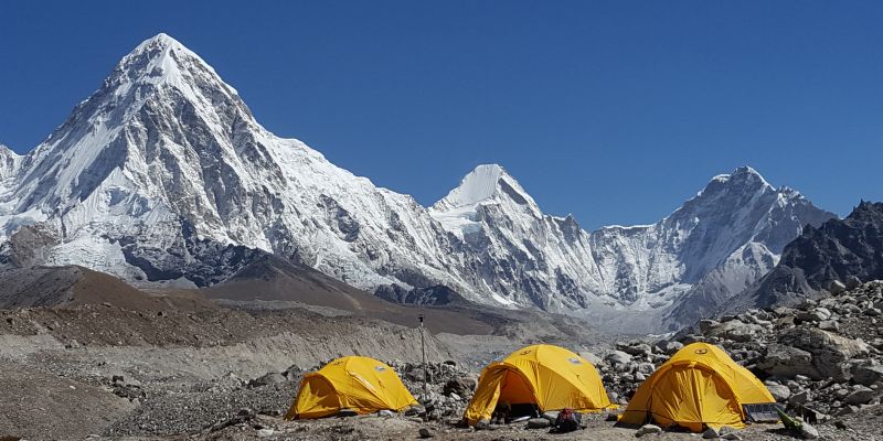 Tents at the foot of the Himalayan mountains
