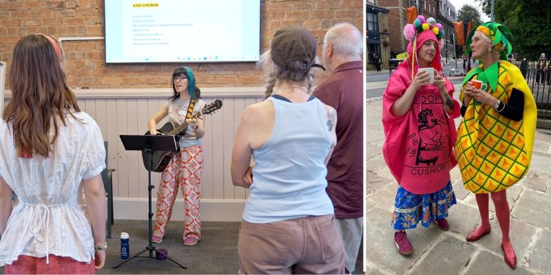 A collage showing (left): a group of people practising for a choir performance; (right) Sue Jennings and Anna Douglas in full costume as part of their research. Sue wears a pink woopee cushion costume and Anna wears a yellow pineapple costume.