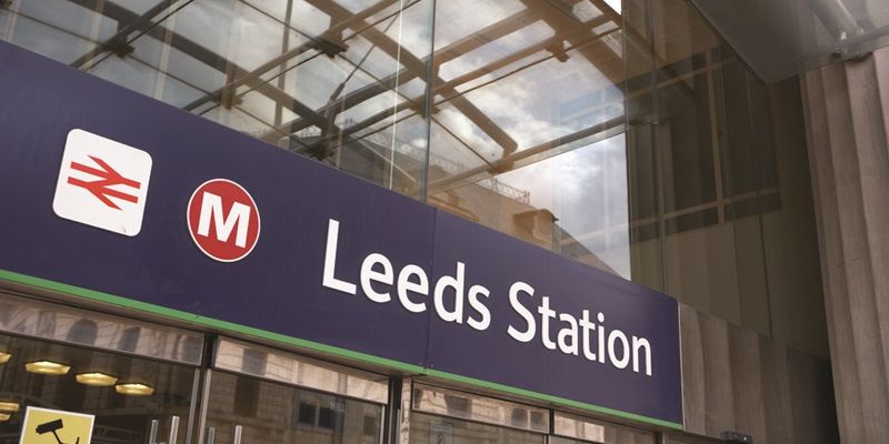 The main entrance to Leeds train station
