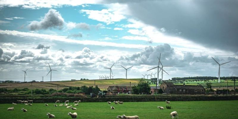 Wind turbines in Yorkshire field on overcast day.