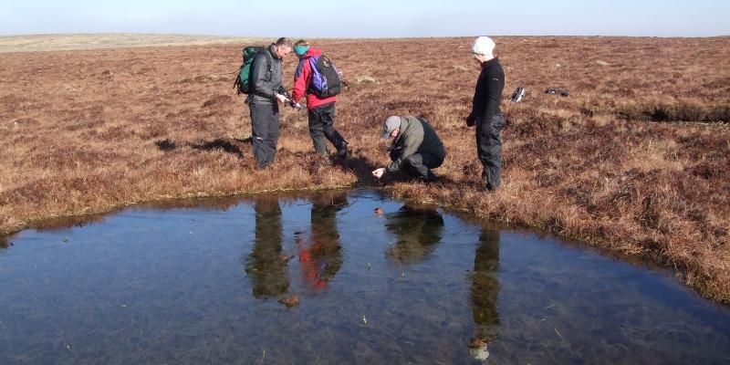 water@leeds researchers are stood at the side of peatland ponds in northern Scotland to  to understand carbon and water processes