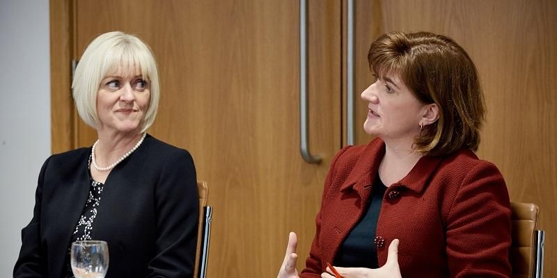 The image shows Lisa Roberts, Deputy Vice-Chancellor for Research and Innovation, and Baroness Nicky Morgan, Secretary of State for Department of Digital Culture, Media, Sport.