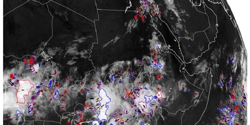 This is a satellite image which shows thunder storms forming over east Africa. The rain clouds appear as white markings superimposed over the globe.