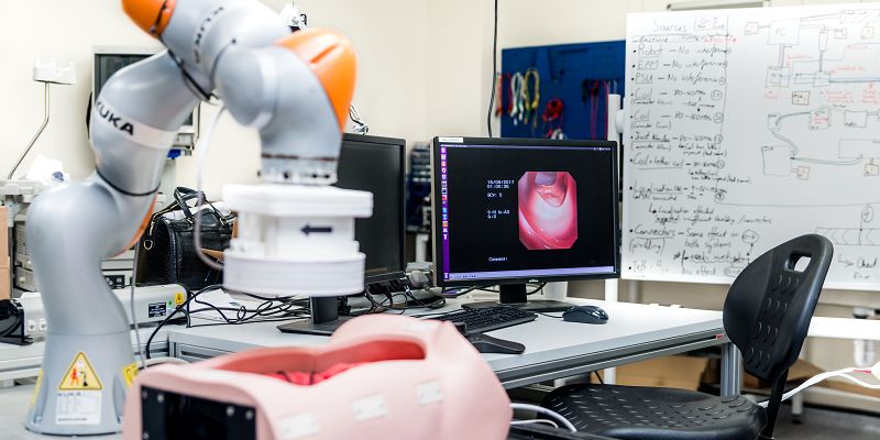 a robotic device to used to conduct a colonoscopy examination of the bowel and colon.