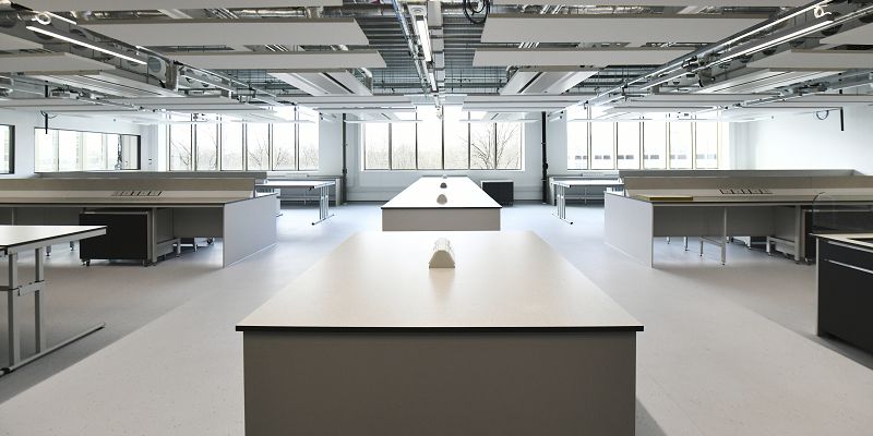 The image shows the inside of one of the phsyics labs in the new Sir William Henry Bragg building. There are just benches. No equipment is in place.