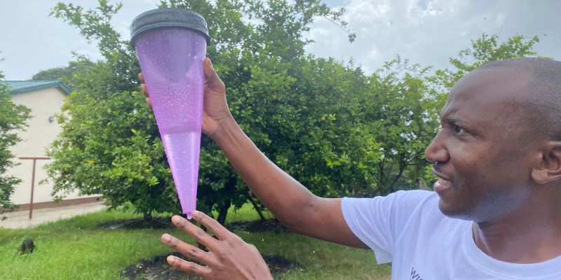 A resident of Kanyama measures rainfall in a garden using a simple rain gauge