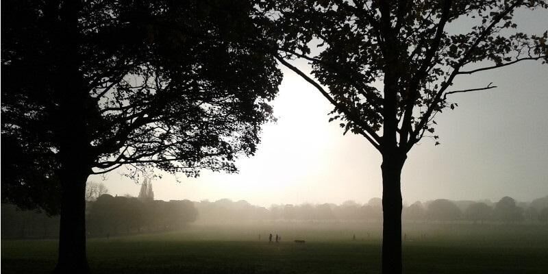 Image shows the early morning sun rising over Roundhay Park in Leeds with people walking in the distance