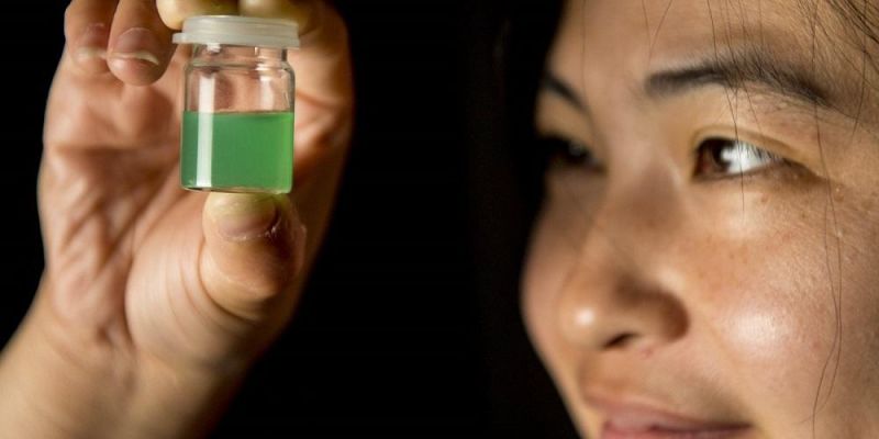 Dr Sunjie Ye holding up a small glass bottle of green liquid