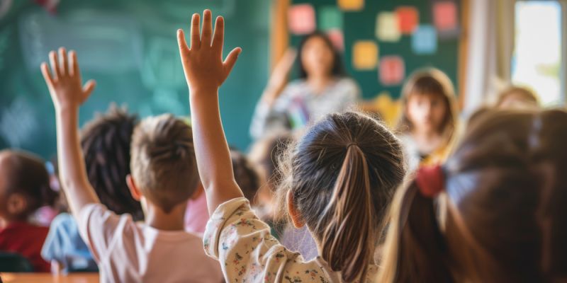 Children holding up their hands during a lesson with a teacher next to a blackboard at the front of the class.