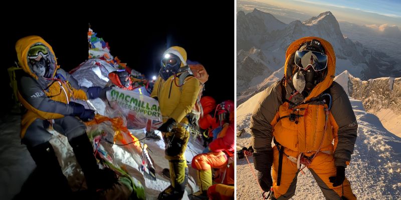 Dr Shaunna Burke and her climbing team at the summit of Everest (left) and Dr Burke on the Everest climb (right). They wear large insulated orange suits and oxygen masks.
