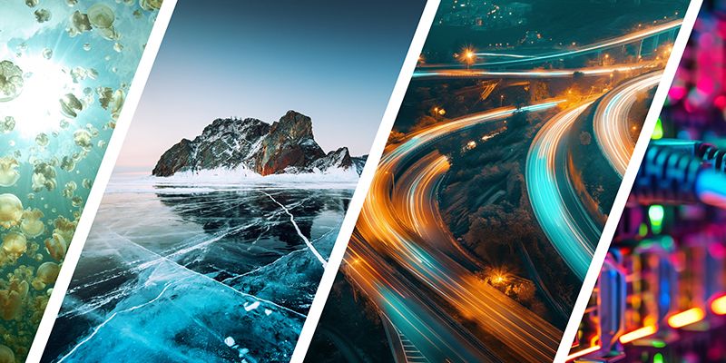 Four images showing a bloom of jellyfish, cracked ice, light trails of cars, and wires plugged into a server