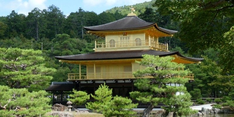 A Japanese temple in the forest.