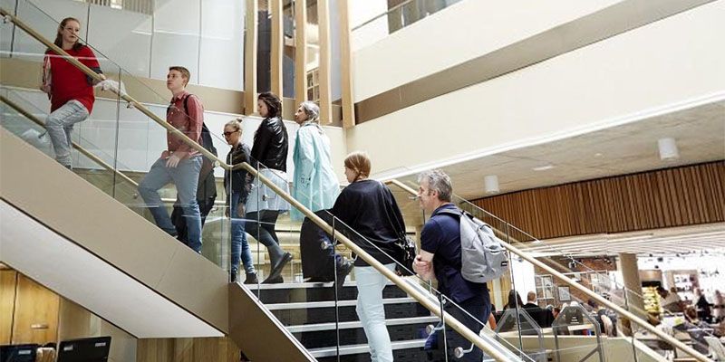 Several people climbing some stairs on a campus tour led by a student guide.