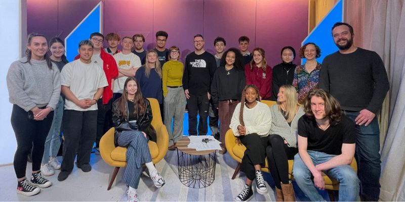 Journalism students and staff with Clare Fallon and Sam Parker from Channel 4.