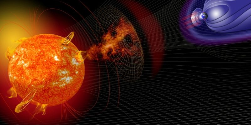Artist's impression of the sun with glowing orange particles emitting from it