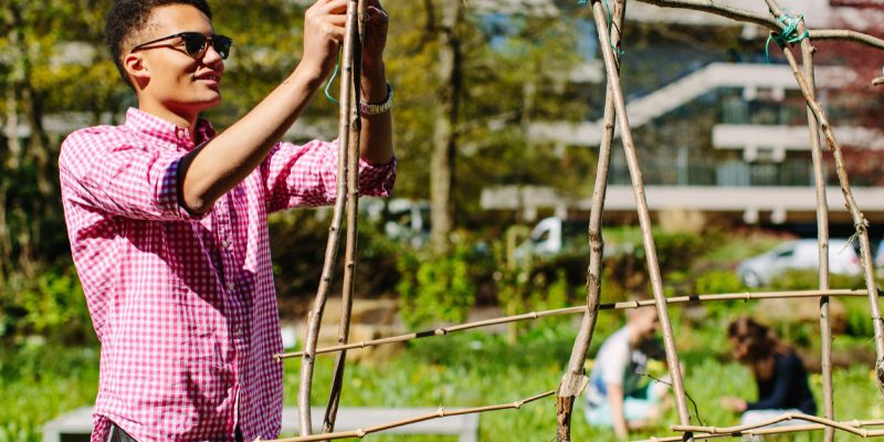 A student building a trelis from wooden sticks in the Sustainable Garden.