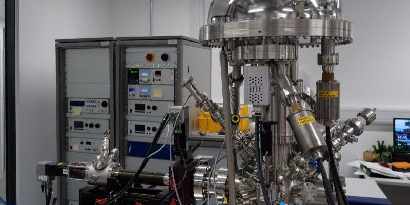 The XPS with a central steel vacuum chamber, multiple attached cylindrical instruments and valves, connected cables and pipes, and an adjacent control rack with electronic modules and displays in a research lab.