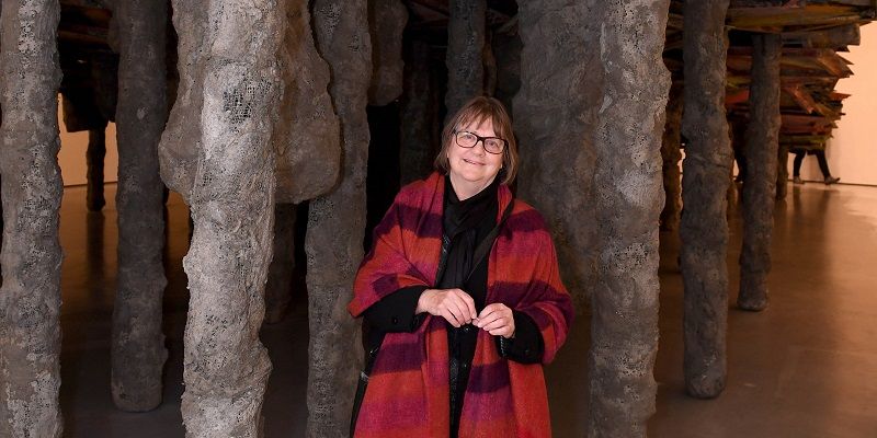 Phyllida Barlow with her installation Scree Stage for The Hepworth Prize for Sculpture 2016. Credit: Press Association