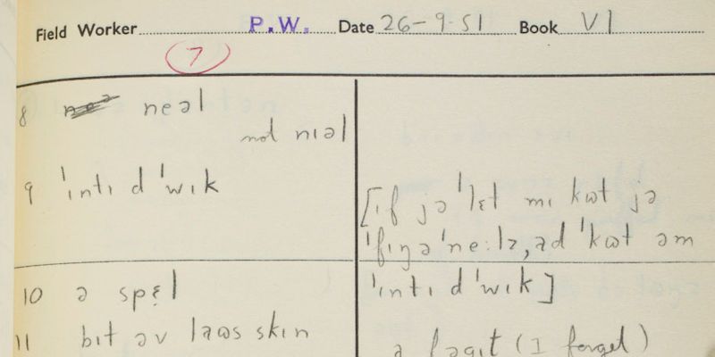 A fieldworker's notebook from 1951 showing alternative names for 'splinter'