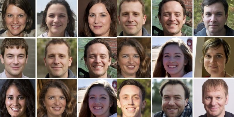 a grid showing real human faces and others generated by AI