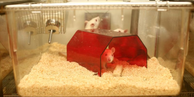 Three rats inside a cage with sawdust, a water bottle and small shelter.