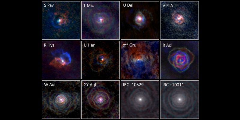 Planetary nebulae surrounding dying stars.