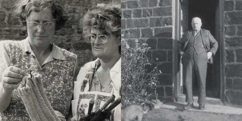 Composite of two mid century pictures showing two women examining some knitting and a man standing in a doorway