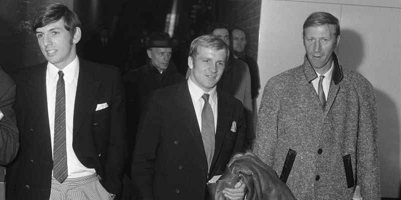 England football squad members Martin Peters, Francis Lee and Jack Charlton arriving at Schipol airport to play against the Dutch national team on 5 November, 1969.