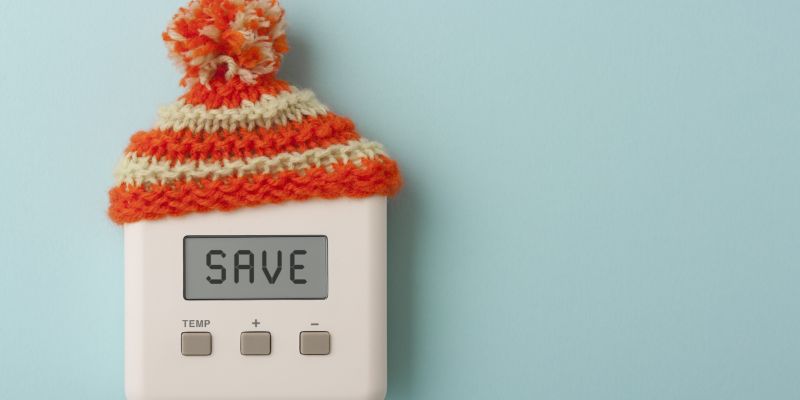 A white thermostat on a light blue background. The thermostat is wearing an orange and yellow bobble hat and it's screen says SAVE in big capital letters